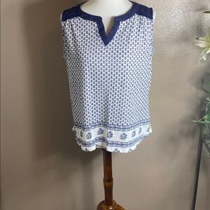 Blue and White Sleeveless Blouse